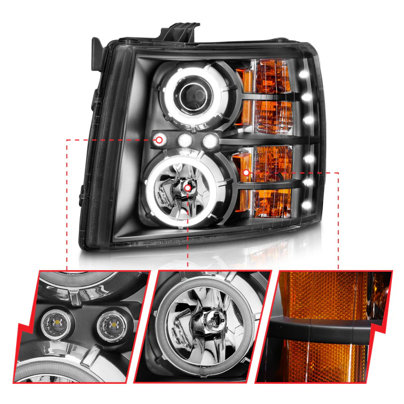 ANZO 2007-2013 Chevrolet Silverado 1500 Projector Headlights w/ Halo Black - Image 9