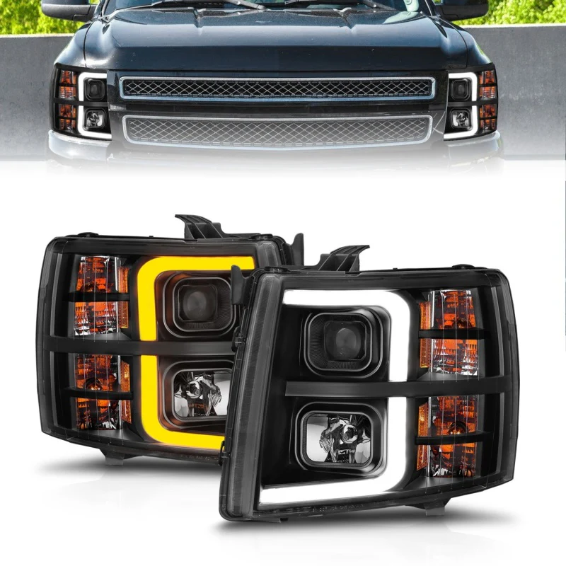 ANZO 2007-2013 Chevrolet Silverado 1500 Projector w/ Light Bar Black Housing w/ Sequential - Image 2