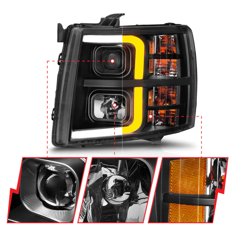 ANZO 2007-2013 Chevrolet Silverado 1500 Projector w/ Light Bar Black Housing w/ Sequential - Image 4