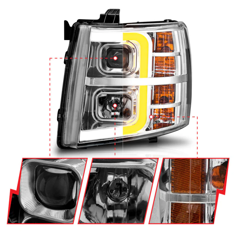 ANZO 2007-2013 Chevrolet Silverado 1500 Projector w/ Light Bar Chrome Housing w/ Sequential - Image 5
