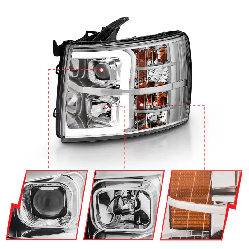 ANZO 2007-2013 Chevy Silverado 1500 Projector Plank Style Chrome Amber - Image 3