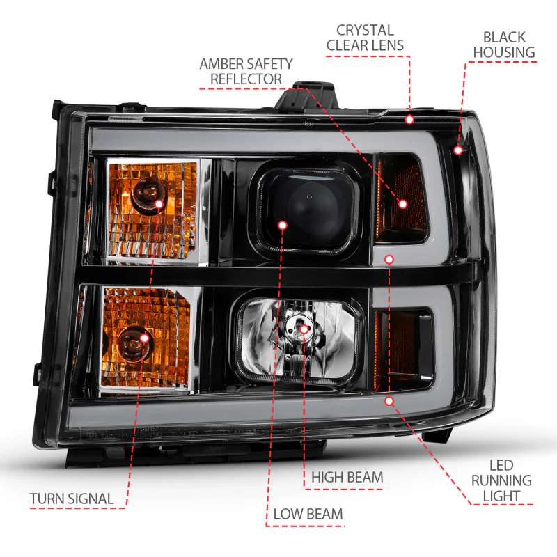 ANZO 2007-2013 GMC Sierra 1500 Projector Headlight Plank Style Black w/ Clear Lens Amber - Image 2