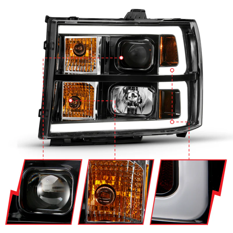 ANZO 2007-2013 GMC Sierra 1500 Projector Headlight Plank Style Black w/ Clear Lens Amber - Image 7
