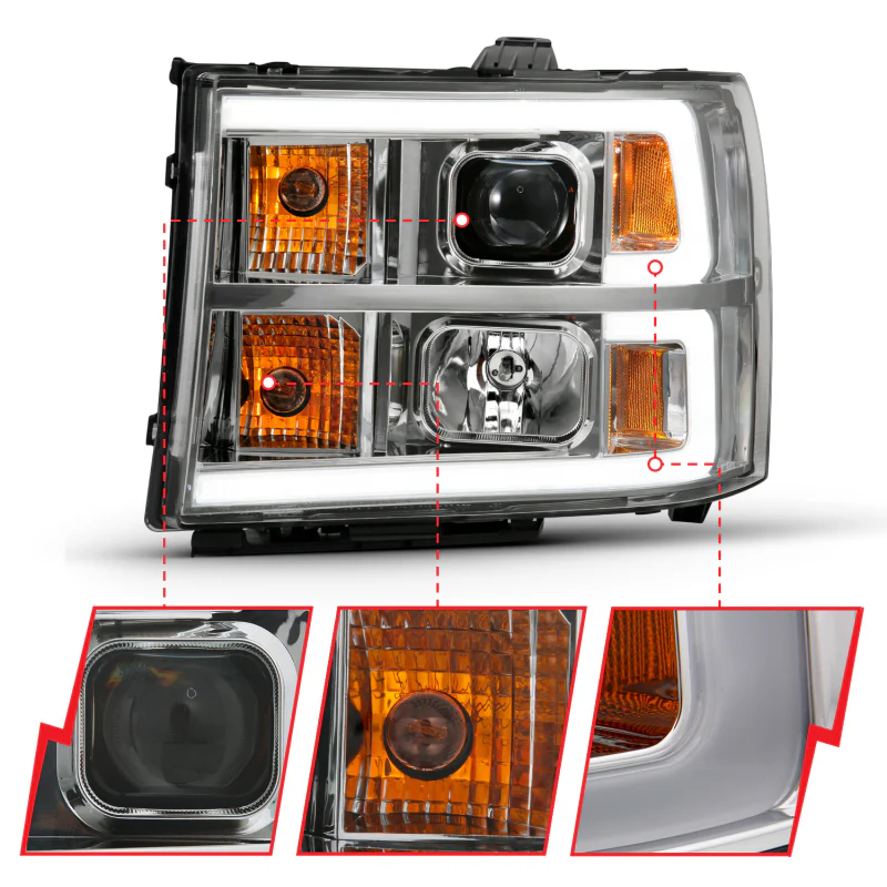 ANZO 2007-2013 GMC Sierra 1500 Projector Headlight Plank Style Chrome w/ Clear Lens Amber - Image 6