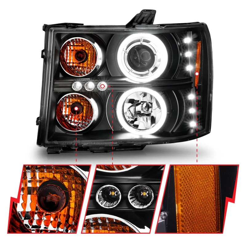ANZO 2007-2013 GMC Sierra 1500 Projector Headlights w/ Halo Black - Image 5