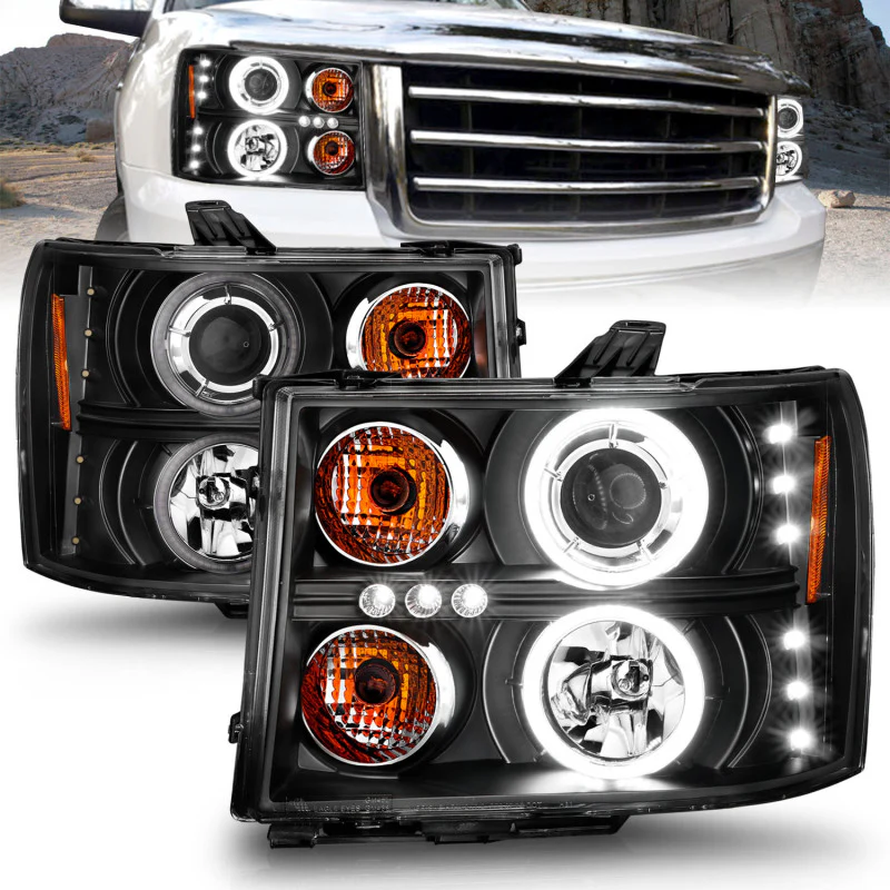 ANZO 2007-2013 GMC Sierra 1500 Projector Headlights w/ Halo Black - Image 7