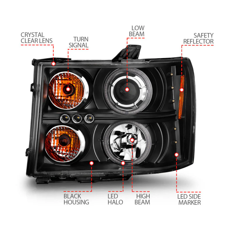ANZO 2007-2013 GMC Sierra 1500 Projector Headlights w/ Halo Black - Image 8