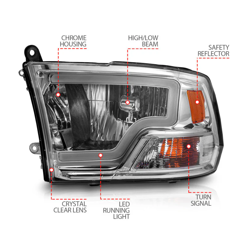 ANZO 2009-2018 Dodge Ram 1500/ 2500/ 3500 Crystal Headlights w/ Light Bar Chrome Housing - Image 4