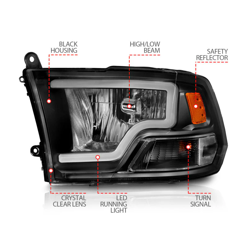 ANZO 2009-2018 Dodge Ram 1500 Crystal Headlights w/ Light Bar Black Housing - Image 10