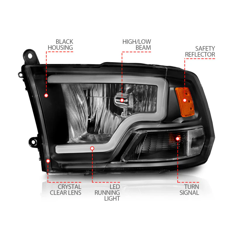 ANZO 2009-2018 Dodge Ram 1500 Crystal Headlights w/ Light Bar Black Housing - Image 8