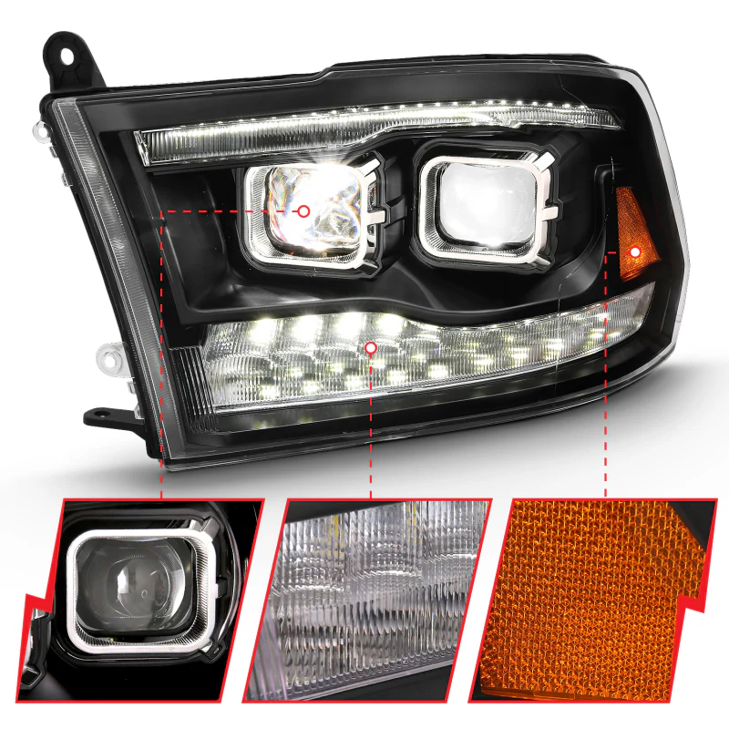 ANZO 2009-2018 Dodge Ram 1500 Led Projector Plank Style Switchback H.L Halo Black Amber (OE Style) - Image 3
