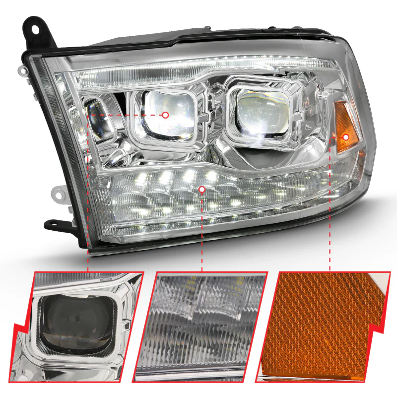 ANZO 2009-2018 Dodge Ram 1500 Led Projector Plank Style Switchback H.L Halo Chrome Amber (OE Style) - Image 3