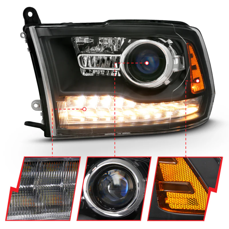 ANZO 2009-2018 Dodge Ram 1500 Projector Headlights Plank Style Halo w/Switchback Matte Black - Image 10