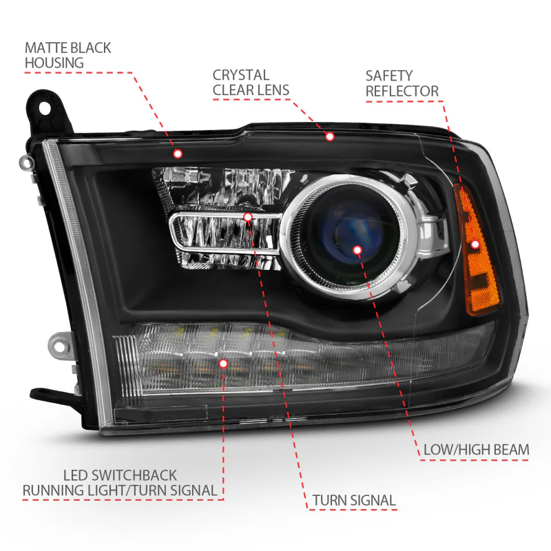 ANZO 2009-2018 Dodge Ram 1500 Projector Headlights Plank Style Halo w/Switchback Matte Black - Image 5