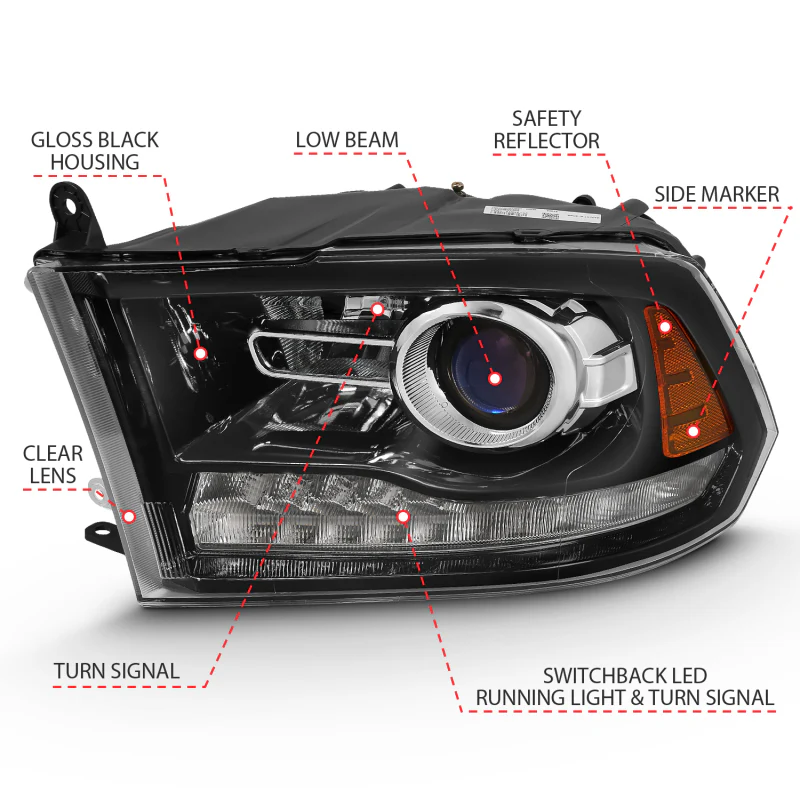 ANZO 2009-2018 Dodge Ram 1500 Projector Plank Style Switchback H.L Halo Black Amber (OE Style) - Image 13