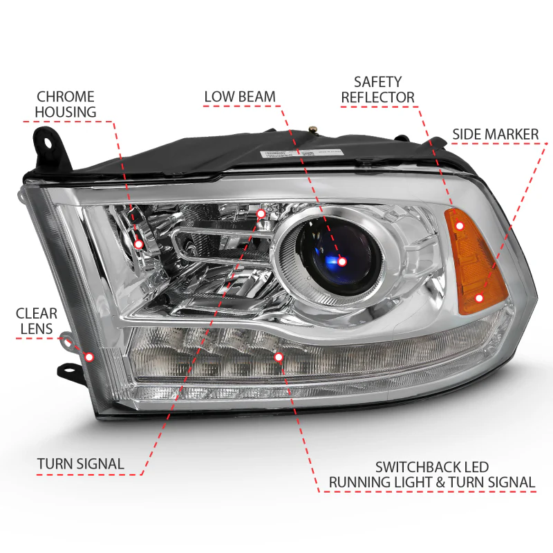 ANZO 2009-2018 Dodge Ram 1500 Projector Plank Style Switchback H.L Halo Chrome Amber (OE Style) - Image 8