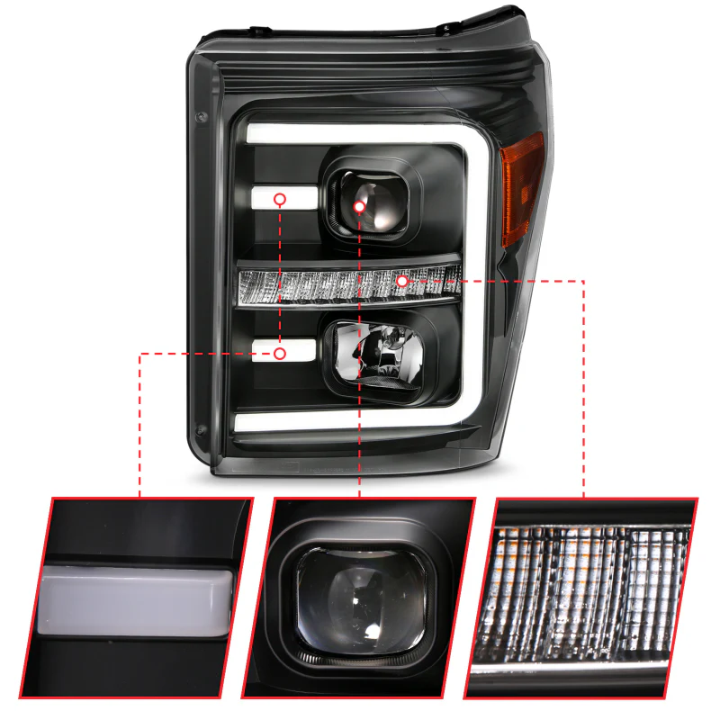 ANZO 2011-2016 Ford F250 Projector Headlights w/ Plank Style Switchback Black w/ Amber - Image 10
