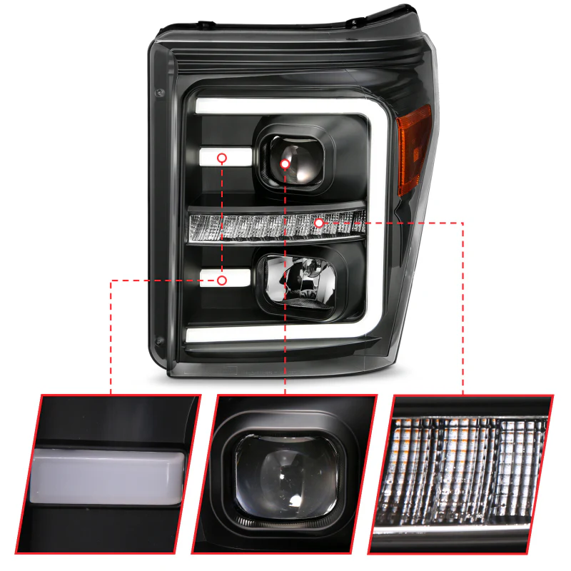 ANZO 2011-2016 Ford F250 Projector Headlights w/ Plank Style Switchback Black w/ Amber - Image 11