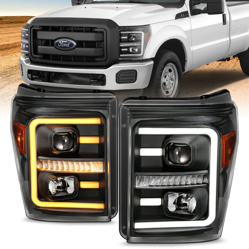 ANZO 2011-2016 Ford F250 Projector Headlights w/ Plank Style Switchback Black w/ Amber - Image 4