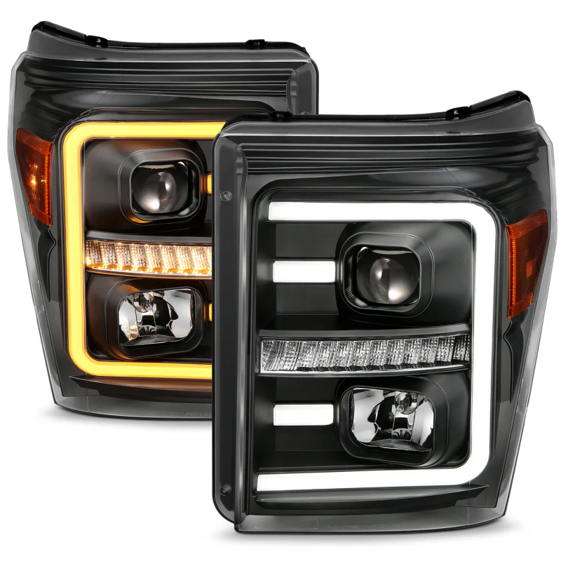 ANZO 2011-2016 Ford F250 Projector Headlights w/ Plank Style Switchback Black w/ Amber - Image 7