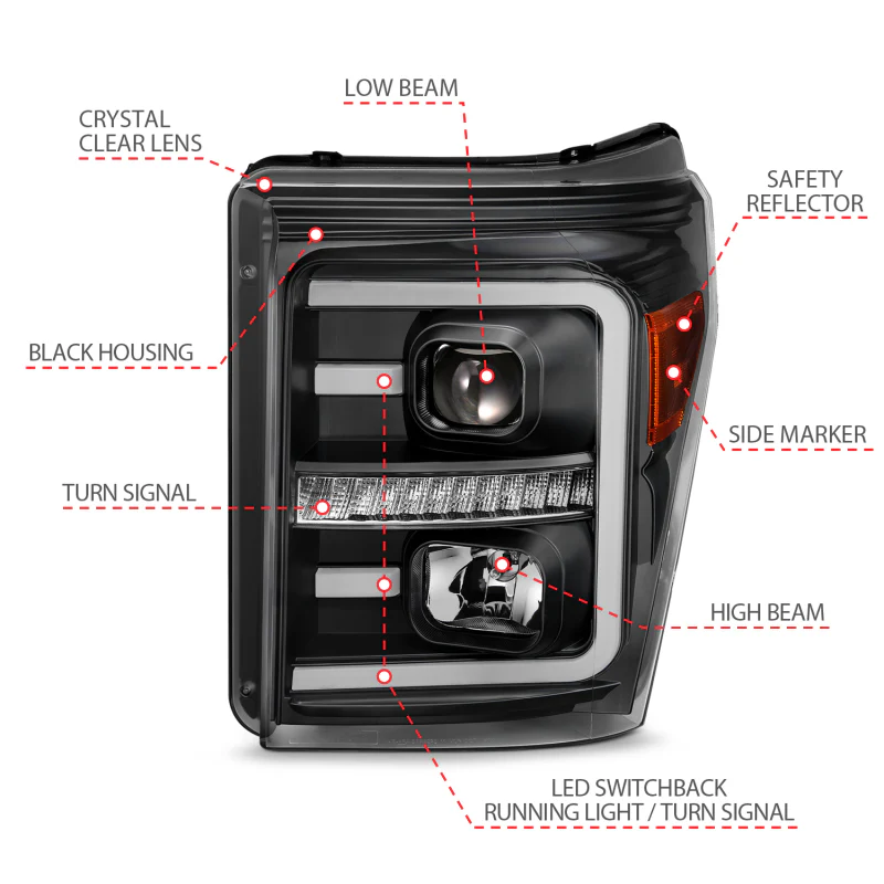ANZO 2011-2016 Ford F250 Projector Headlights w/ Plank Style Switchback Black w/ Amber - Image 9