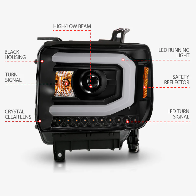 ANZO 2014-2015 GMC Sierra 1500 Projector Headlights w/ Light Bar Black Housing (Halogen Type) - Image 2