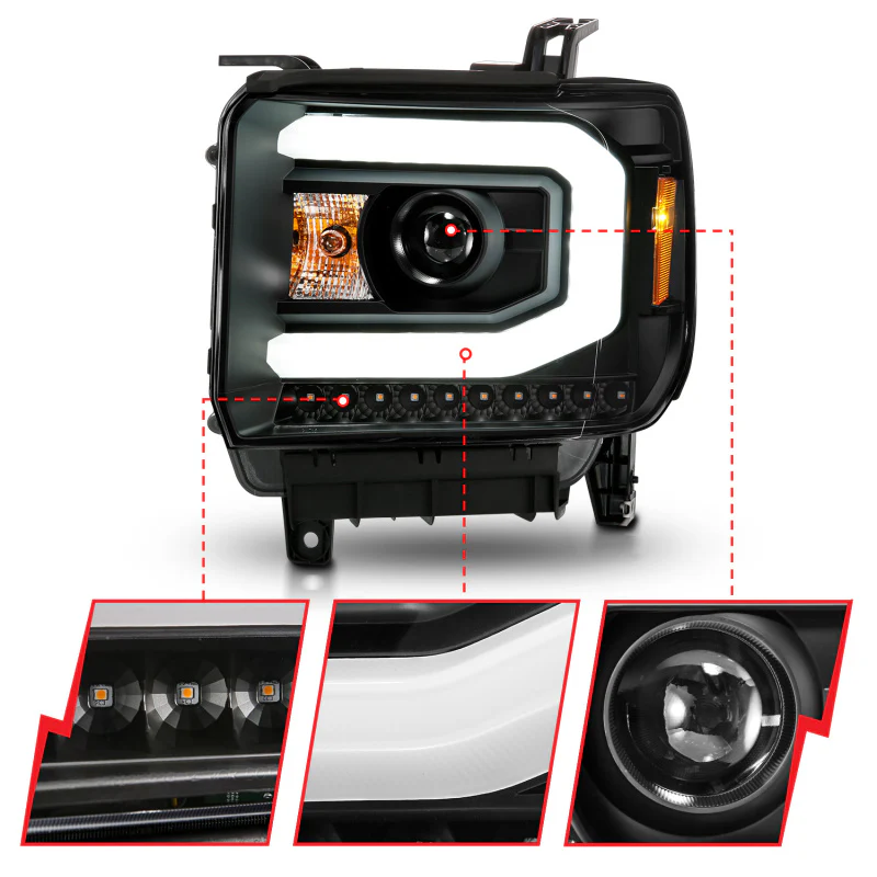 ANZO 2014-2015 GMC Sierra 1500 Projector Headlights w/ Light Bar Black Housing (Halogen Type) - Image 8