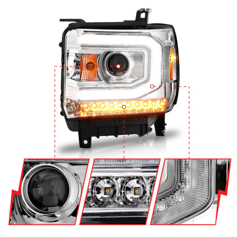 ANZO 2014-2015 GMC Sierra 1500 Projector Headlights w/ Light Bar Chrome Housing (Halogen Type) - Image 10