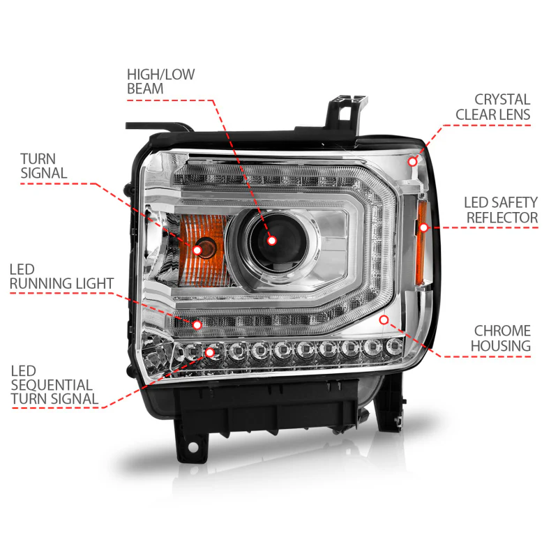 ANZO 2014-2015 GMC Sierra 1500 Projector Headlights w/ Light Bar Chrome Housing (Halogen Type) - Image 4