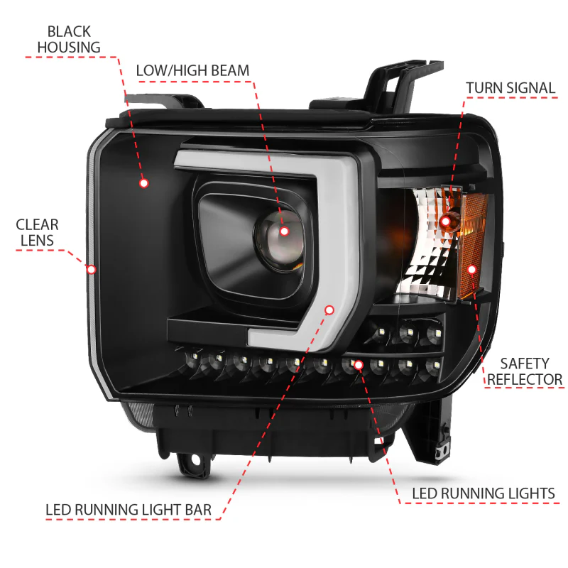 ANZO 2014-2015 GMC Sierra 1500HD Projector Plank Style Headlight Black W/ DRL - Image 13