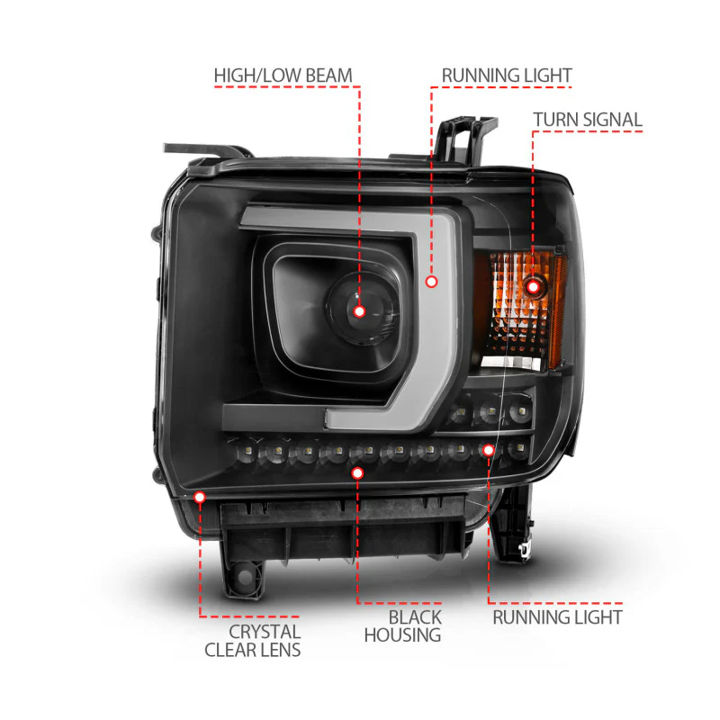 ANZO 2014-2015 GMC Sierra 1500HD Projector Plank Style Headlight Black W/ DRL - Image 9