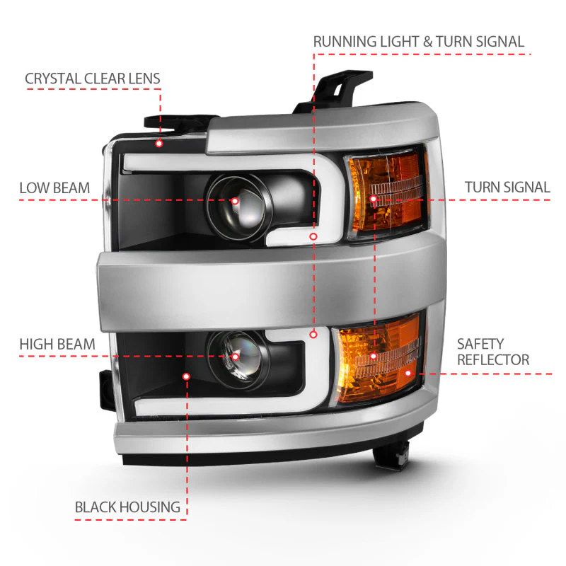 ANZO 2015-2016 Chevrolet Silverado Projector Headlights w/ Plank Style Design Black w/ Amber - Image 12