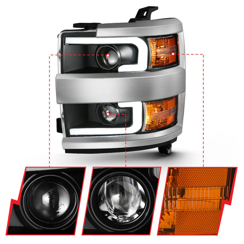 ANZO 2015-2016 Chevrolet Silverado Projector Headlights w/ Plank Style Design Black w/ Amber - Image 3