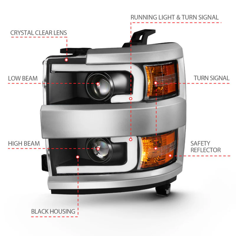 ANZO 2015-2016 Chevrolet Silverado Projector Headlights w/ Plank Style Design Black w/ Amber - Image 9