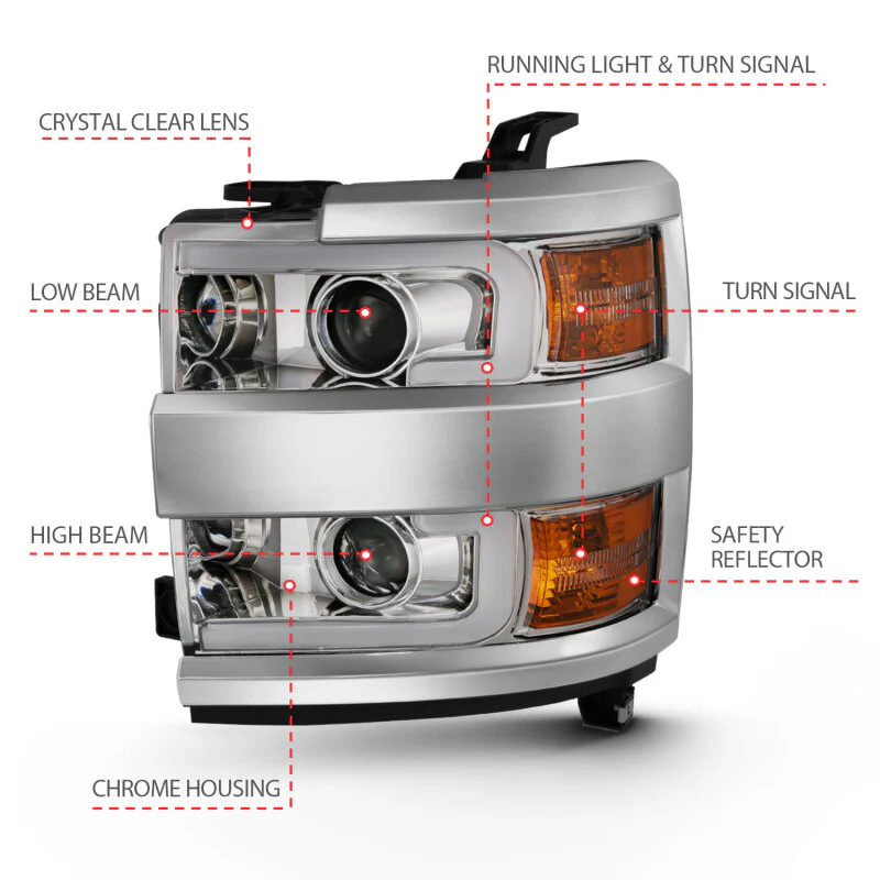 ANZO 2015-2016 Chevrolet Silverado Projector Headlights w/ Plank Style Design Chrome w/ Amber - Image 13