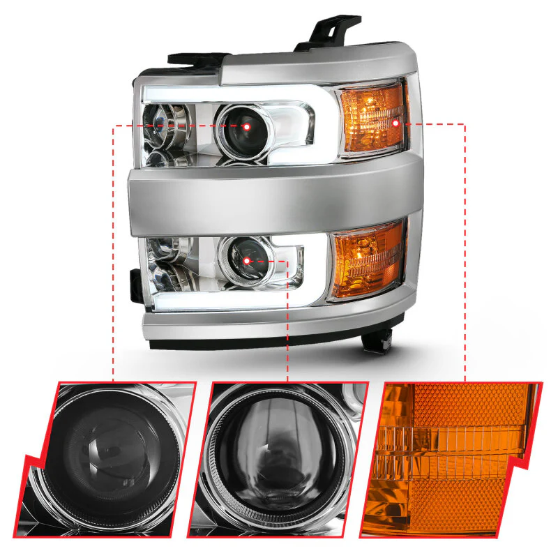 ANZO 2015-2016 Chevrolet Silverado Projector Headlights w/ Plank Style Design Chrome w/ Amber - Image 3