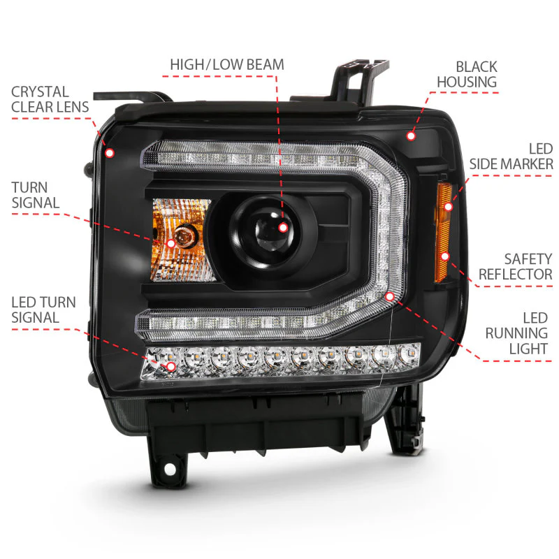ANZO 2016-2019 GMC Sierra 1500 Projector Headlight Plank Style Black w/ Sequential Amber Signal - Image 5