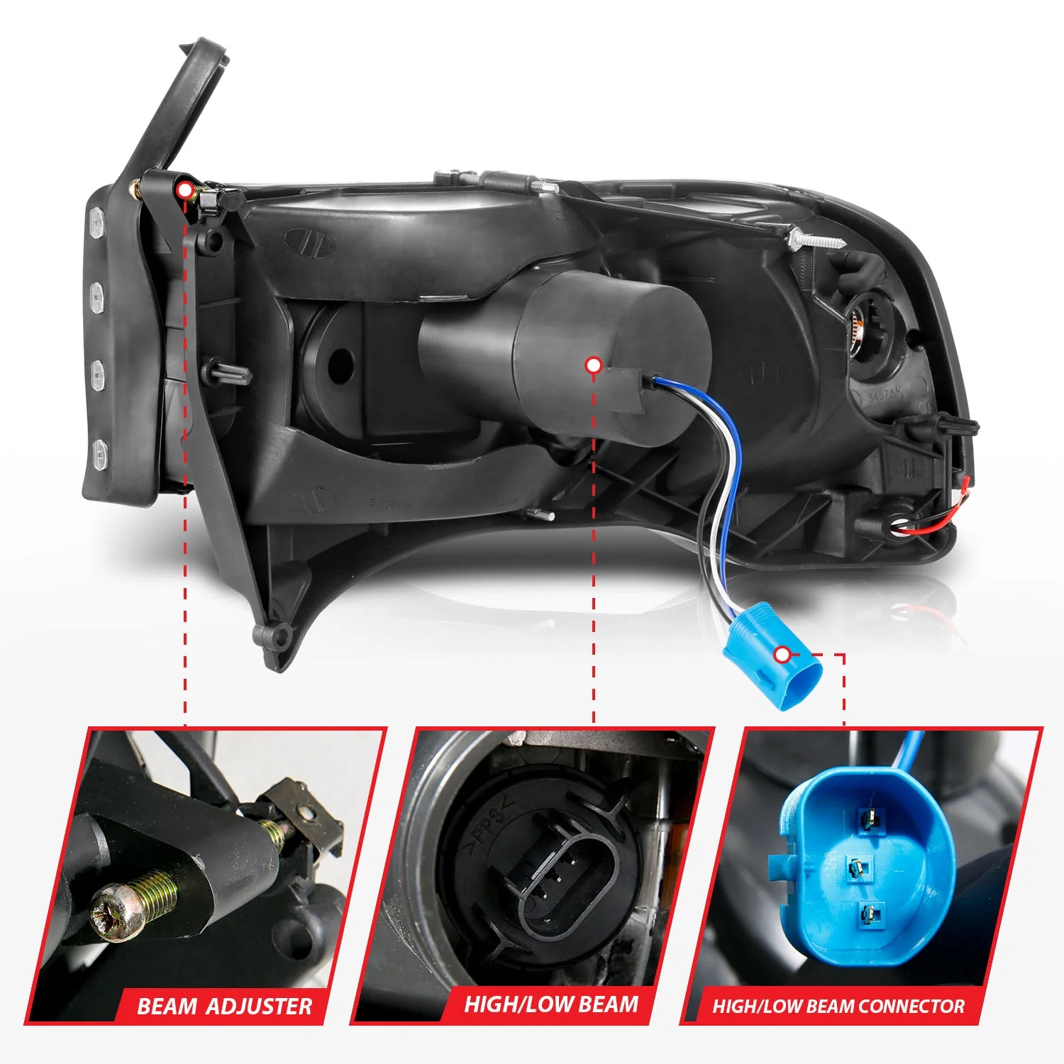 ANZO 94-02 Dodge RAM Crystal Headlight - w/ Light Bar Black Housing - Image 2