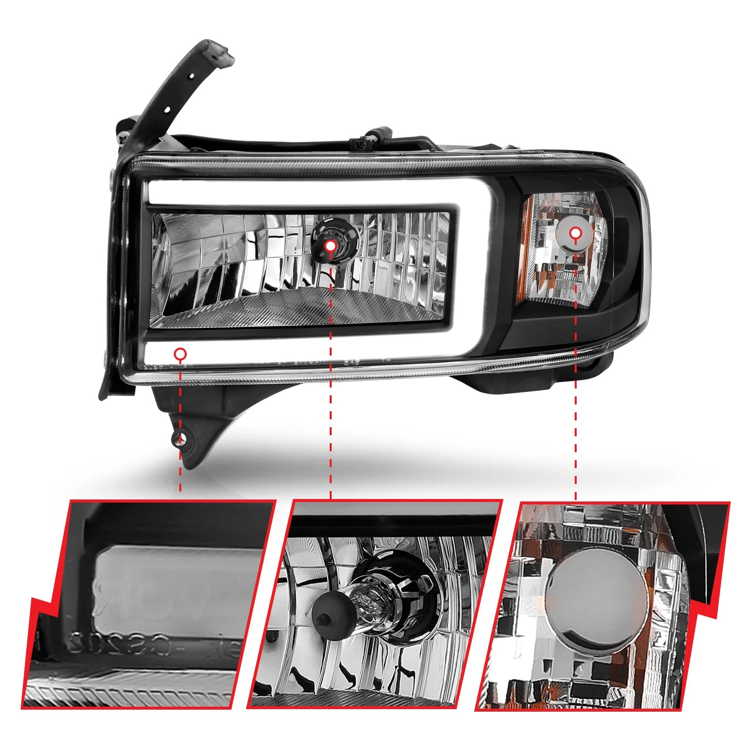 ANZO 94-02 Dodge RAM Crystal Headlight - w/ Light Bar Black Housing - Image 4