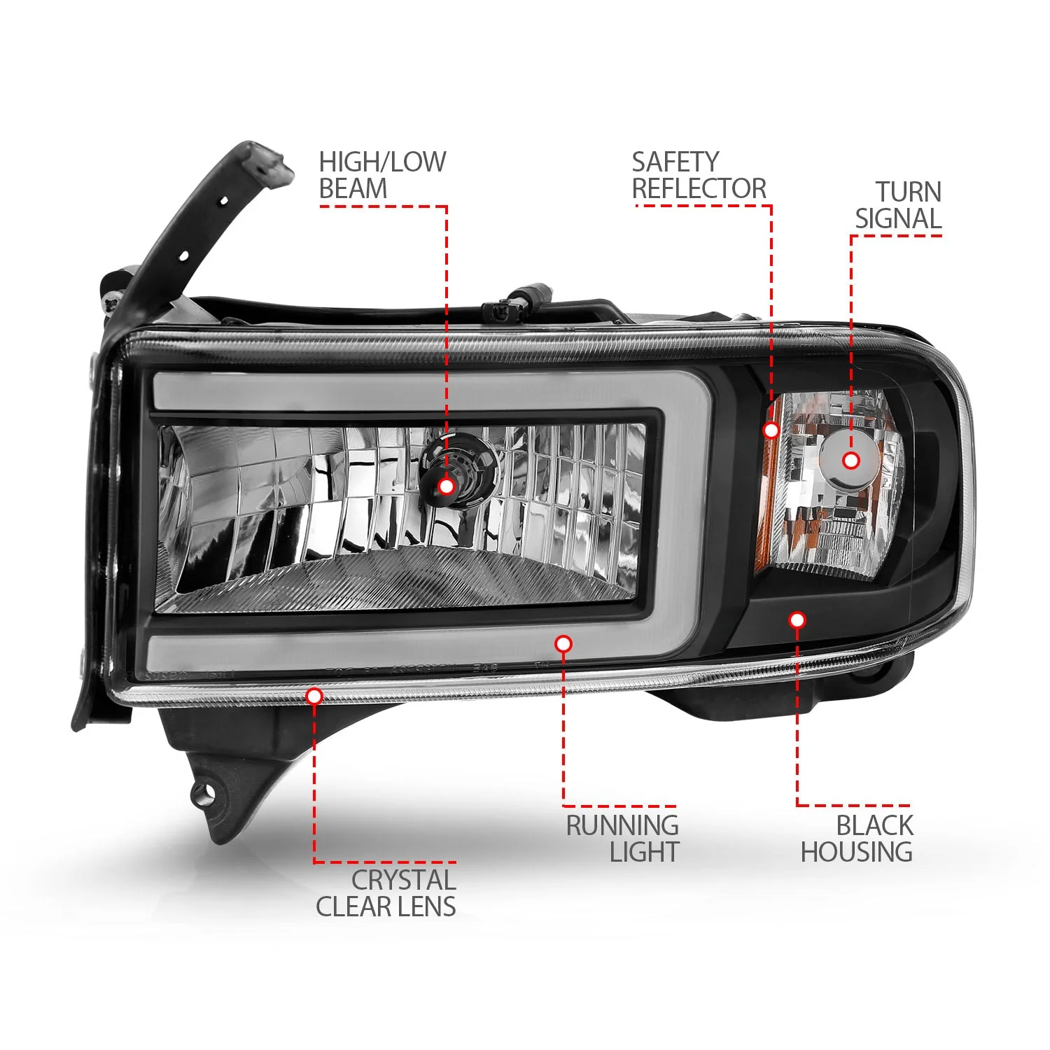 ANZO 94-02 Dodge RAM Crystal Headlight - w/ Light Bar Black Housing - Image 5