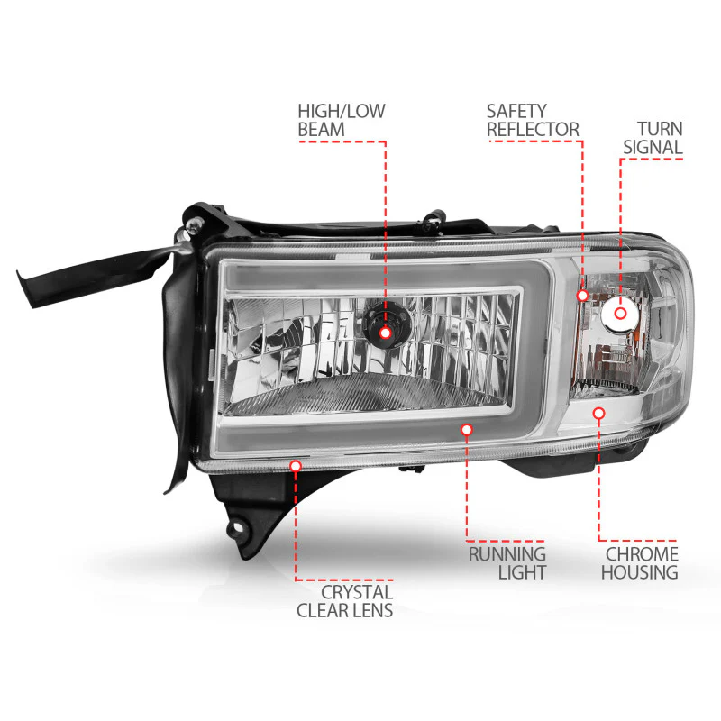 ANZO 94-02 Dodge RAM Crystal Headlight - w/ Light Bar Chrome Housing - Image 3
