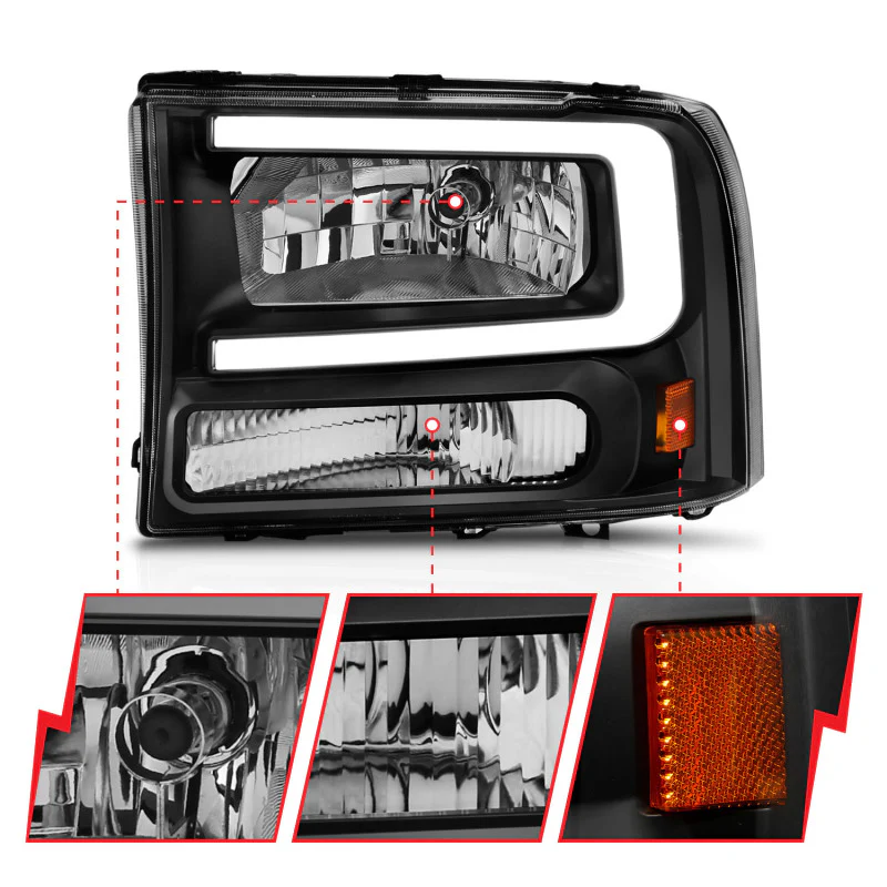 ANZO 99-04 Ford F250/F350/F450/Excursion (excl. 99) Crystal Headlights - w/ Light Bar Black Housing - Image 12