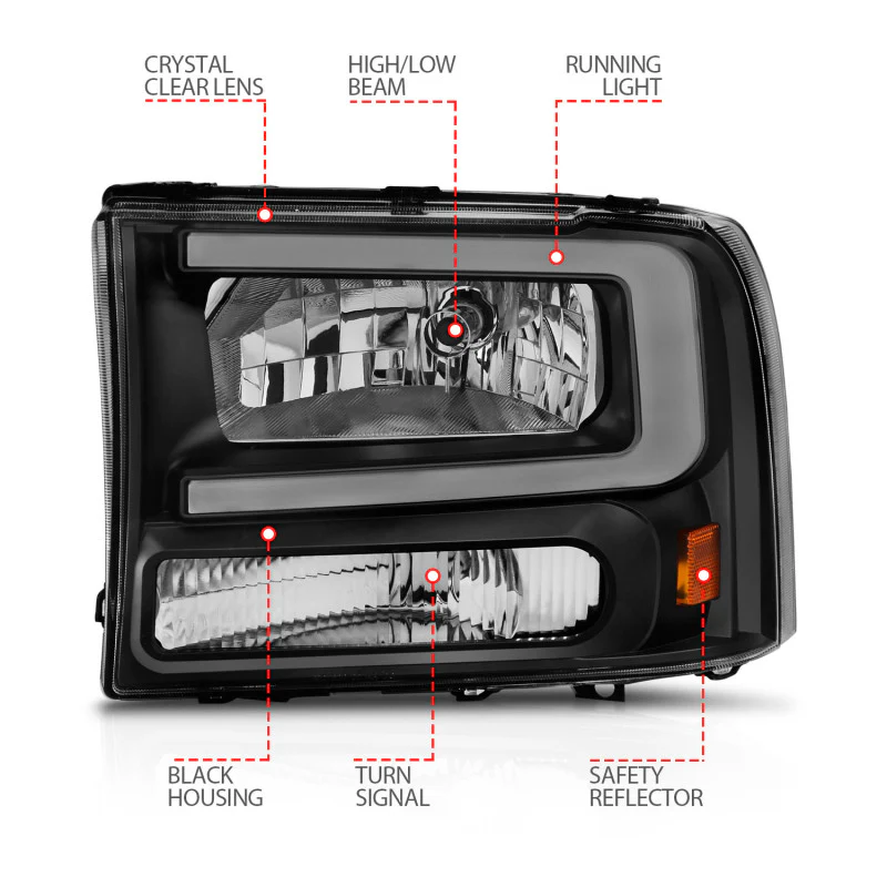 ANZO 99-04 Ford F250/F350/F450/Excursion (excl. 99) Crystal Headlights - w/ Light Bar Black Housing - Image 5