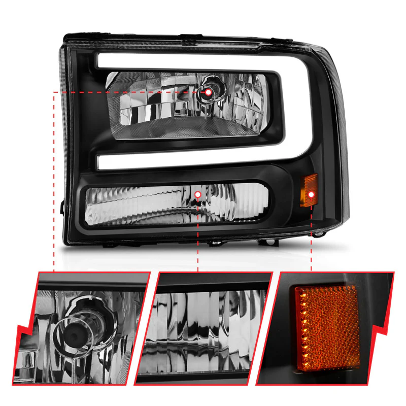 ANZO 99-04 Ford F250/F350/F450/Excursion (excl. 99) Crystal Headlights - w/ Light Bar Black Housing - Image 7