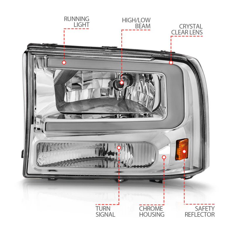 ANZO 99-04 Ford F250/F350/F450/Excursion (excl. 99) Crystal Headlights - w/ Light Bar Chrome Housing - Image 10