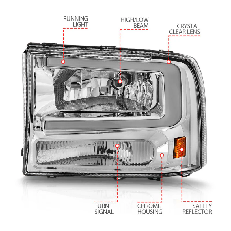 ANZO 99-04 Ford F250/F350/F450/Excursion (excl. 99) Crystal Headlights - w/ Light Bar Chrome Housing - Image 7