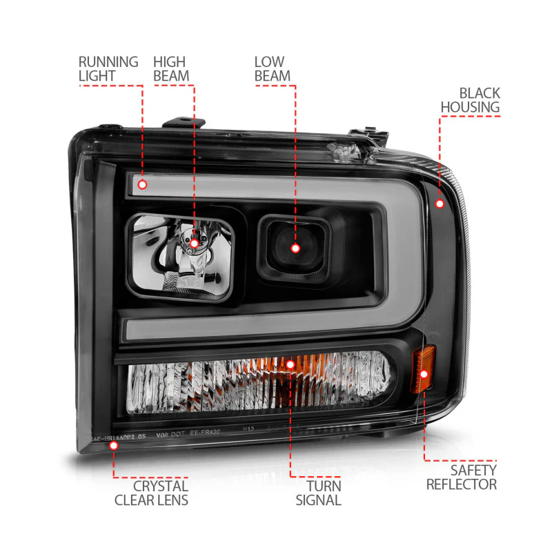 ANZO 99-04 Ford F250/F350/F450/Excursion (excl 99) Projector Headlights - w/ Light Bar Black Housing - Image 5