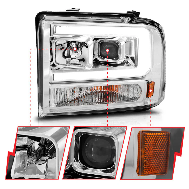 ANZO 99-04 Ford F250/F350/F450/Excursion (excl 99) Projector Headlights - w/Light Bar Chrome Housing - Image 5