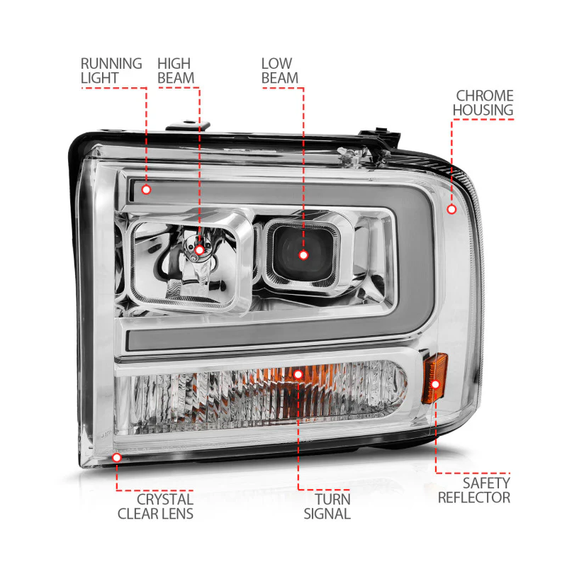 ANZO 99-04 Ford F250/F350/F450/Excursion (excl 99) Projector Headlights - w/Light Bar Chrome Housing - Image 7