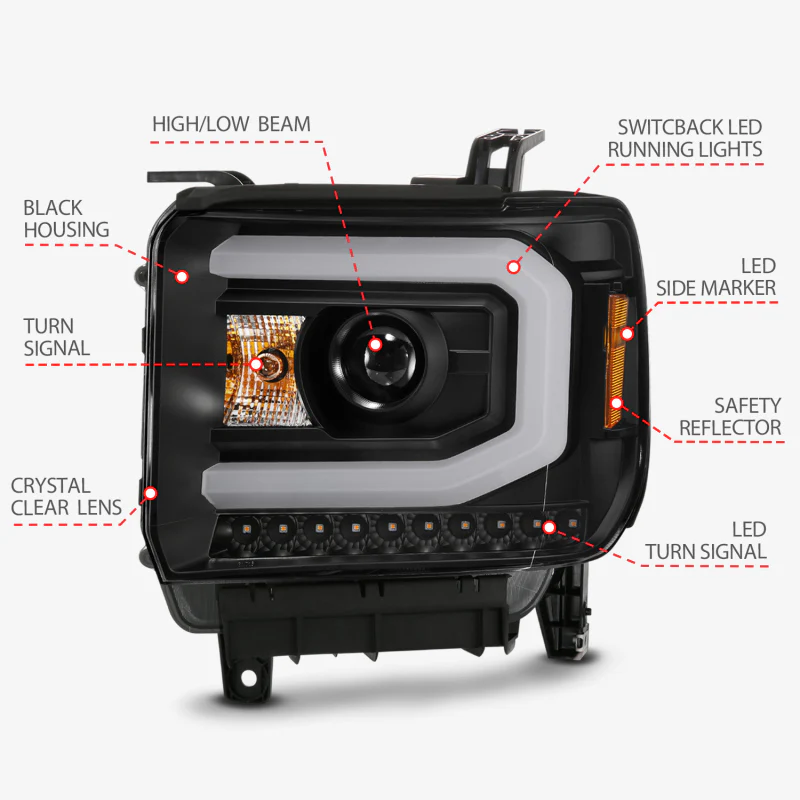 ANZO GMC SIERRA 1500 14-15 2500H/15-19 Projector Headlight Plank Style Black w/ Switchback (Halogen) - Image 5